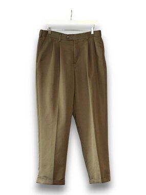 Croft & Barrow Mens Pleated Dress Slacks 34x29 Olive Brown Polyester Cuffed